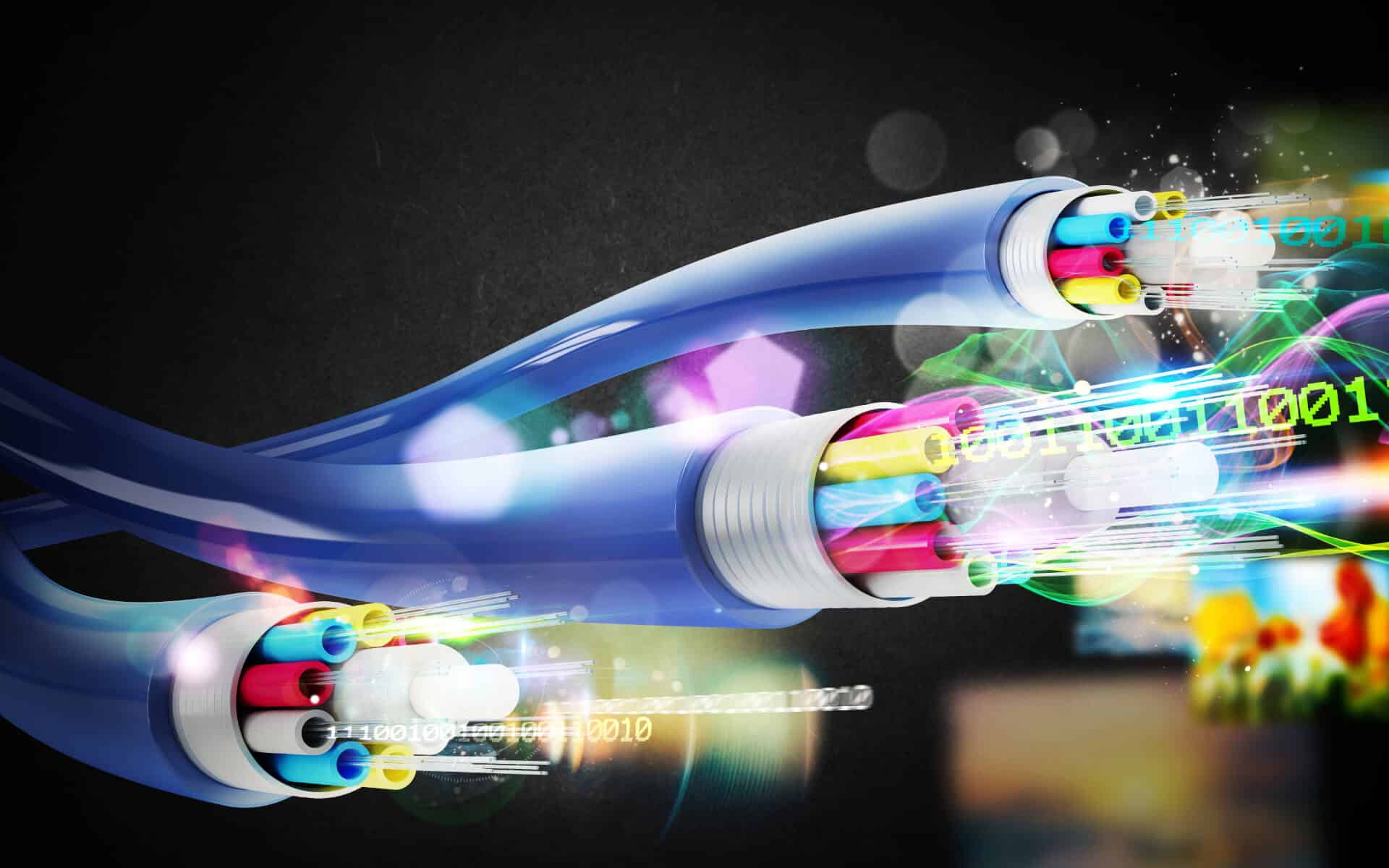 Modern network shows copper and fiber optic cables with illustrated binary digits (migration concept)